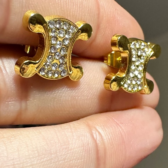 Celine Gold Crystal Metal Buttons Turned into Earring Studs Macadam Triomphe - Picture 16 of 16
